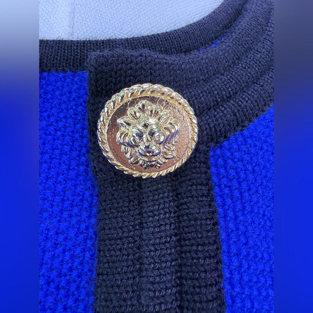 Vintage Worldly Things Styltricot Wool Sweater Jacket Blue Gold Lion Buttons 8 - Picture 5 of 14